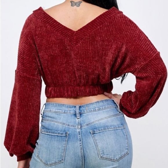SPRING HAZE Burgundy Chenille Cropped Balloon Sleeve Sweater Top Size Small - Picture 2 of 12